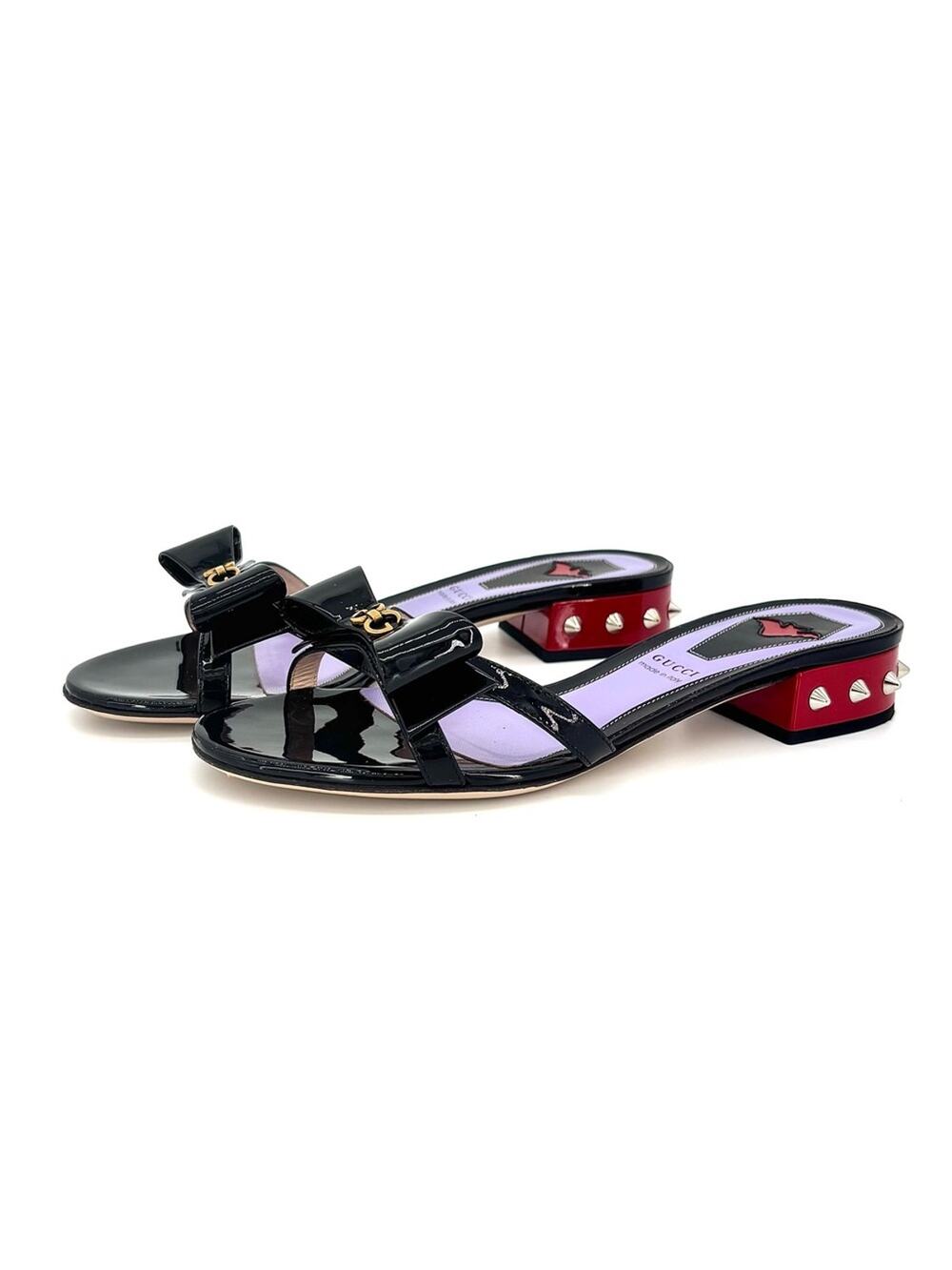 Gucci Sadie Spike Bow GG Charm Patent Leather Slip On Mules Slides 36.5
